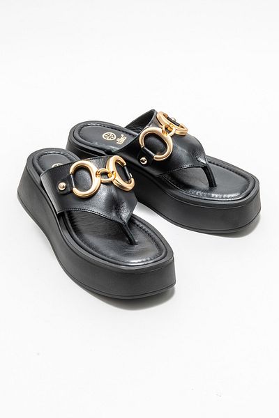 Elle Shoes Black Leather Women's Wedge Heel Slippers