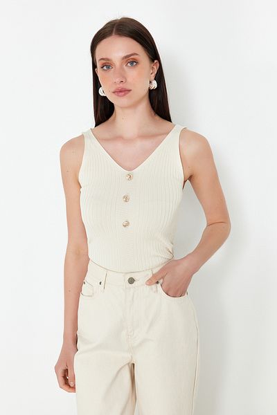 Trendyol Collection V-nyakú felső kötöttáru vékony blúz - kő és menta dupla csomag TWOSS24BZ00619