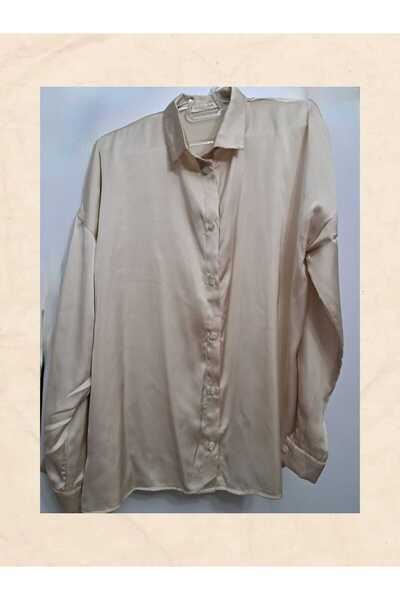 Haz Ar Butik Oversize Bej Saten Gömlek