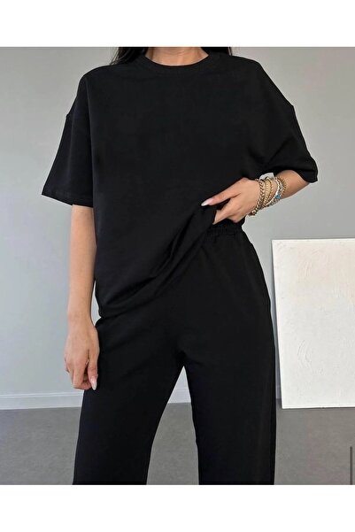 Frisson T-shirt Eşofman Altı  - Siyah Düz Alt Üst Eşofman Takımı Oversize Bis...