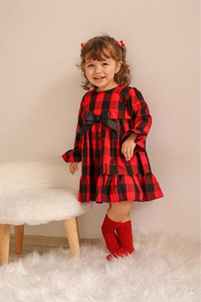 Ma Moi Baby Kırmızı Ekose Volanlı Kız Çocuk Elbise