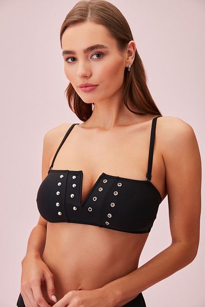SUWEN Τοπ μπικίνι Bandeu με χάντρες με V-Neck