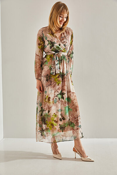 Bianco Lucci Γυναικείο φόρεμα σιφόν με διπλό στήθος, ελαστική μέση V λαιμόκοψη με μπεζ γραμμή60251001