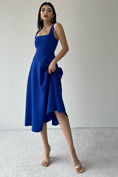 bayansepeti Жіноча атласна тканина з квадратним коміром, спідниця-кльош, вечірня сукня 151