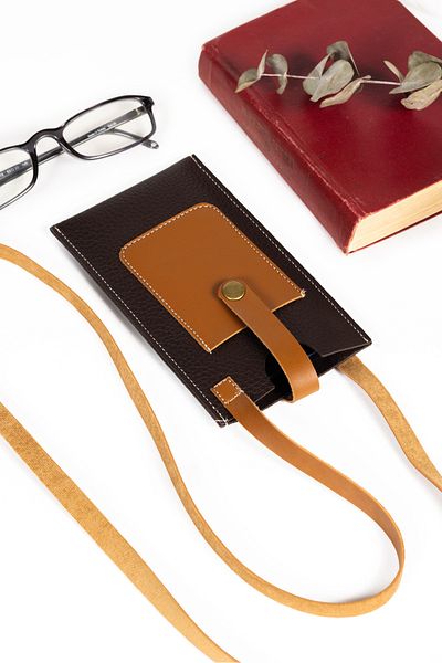 NOTHING Women's Brown Leather Snap Closure Card Holder with Compartment Strap Phone Bag