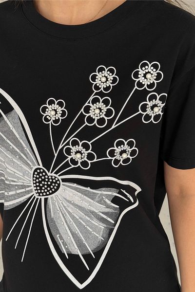 FEMELLE Tricou de damă din bumbac, cu modele de perle și flori, negru
