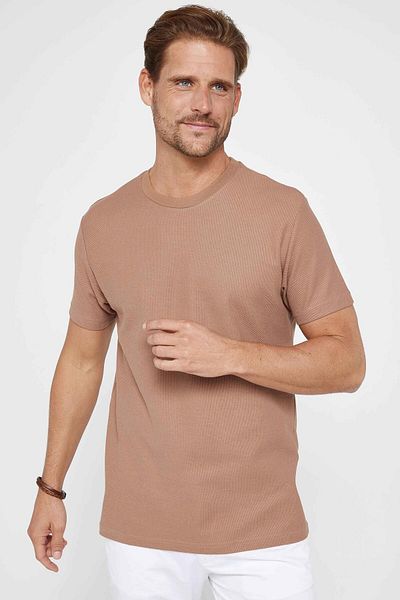 Tudors Ανδρικό T-shirt Slim Fit Slim Fit 100% βαμβάκι με απαλή υφή Camel Crew Neck T-shirt