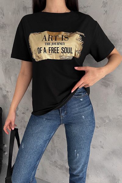 FEMELLE Tricou negru din bumbac imprimat folie pentru femei
