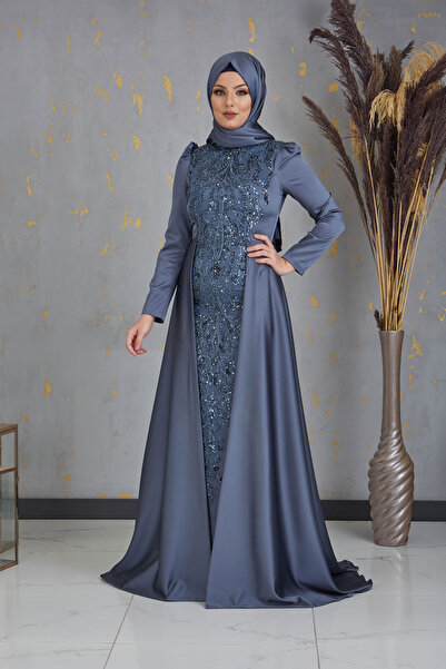 PİENNAR فستان سهرة أنثراسايت مع ذيل قطرة