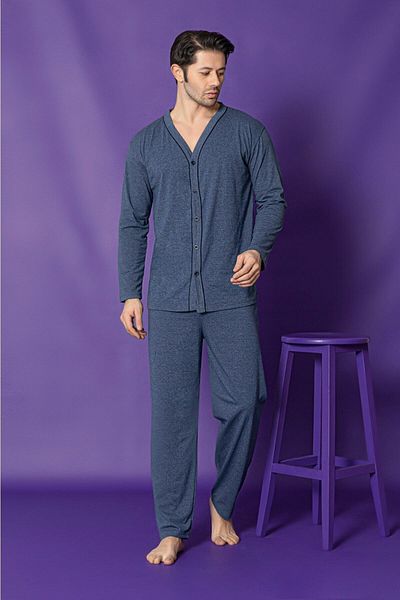 Sude HOMEWEAR Ανδρικό Σετ Πιτζάμες με υφασμάτινο ζέρσεϊ με μακρυμάνικο μπλέ βενζίνη