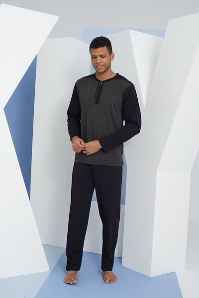 KLY Men's Oversize Midi Collar Large Size Pajama Set with Pockets