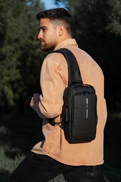 Newish Black Vegan Leather Crossbody Shoulder and Waist Bag with Mechanism Card Holder and Wallet