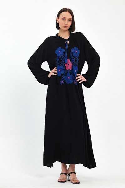 Denismoda Women's Collar Lace-up Flower Embroidery Detailed Balloon Sleeve Long Dress