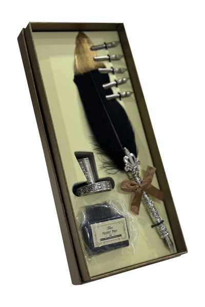 tusah Divit Kalemi Siyah Kahverengi Kurdelalı Mürekkep Seti Tüylü