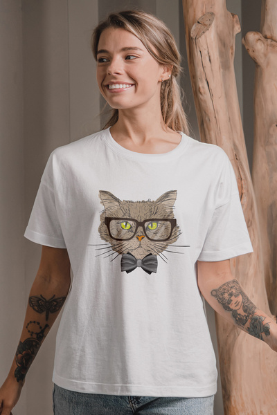 MYADA تي شيرت كبير الحجم مطبوع عليه قطة وربطة عنق مع نظارات