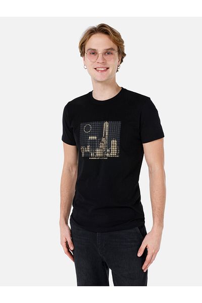 Colin's Tricou cu mânecă scurtă pentru bărbați, negru, imprimat, cu decolteu, slim, Cl 1064715