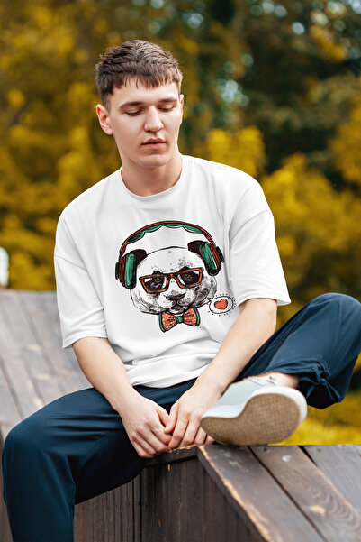 MYADA Παπιγιόν Ακούγοντας Μουσική Panda Printed Oversize T-shirt