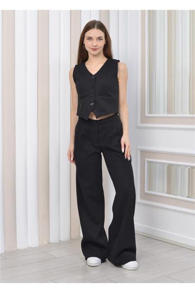 Nuseel Women's Stamped Trousers & Vest Winter Double Set Black