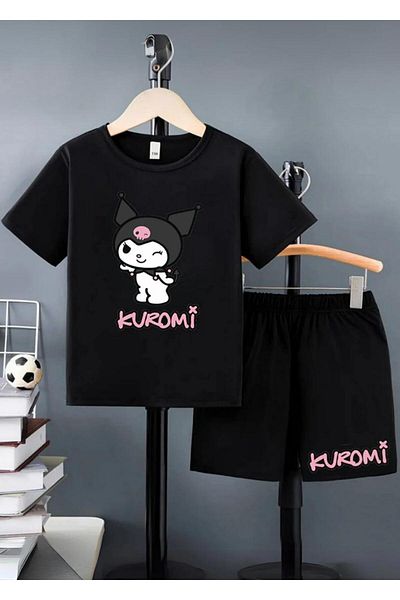 Revasser Set de tricou cu pantaloni scurți imprimați „Kuromi” negru pentru copii