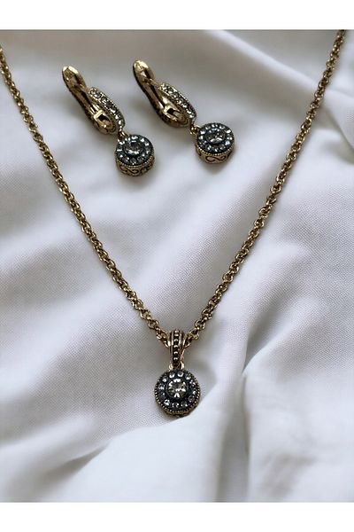 FAYRA ACCESSORIES Zircon Stone Round Minimal Necklace and Dangle Earring Set