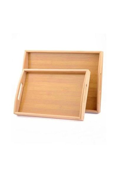 Rosemor 2-Piece Bamboo Tea Tray with Handle Rectangular Large + Medium Size Brown