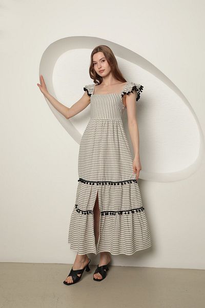 Moda Tuğram Rochie midi cu dungi negre cu bretele de in