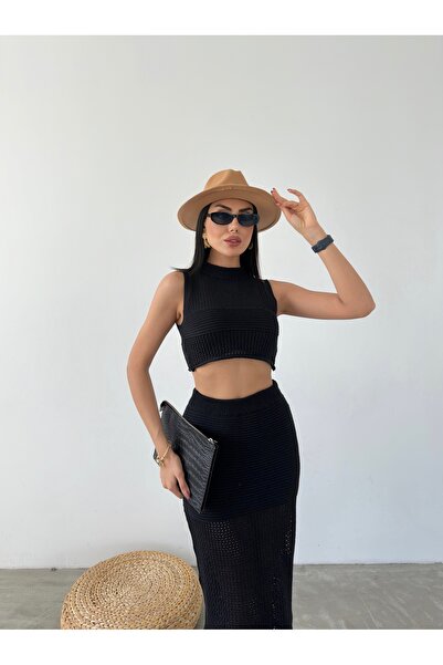 Lusin Black Knitwear Blouse and Skirt Set - Summer Set of Two
