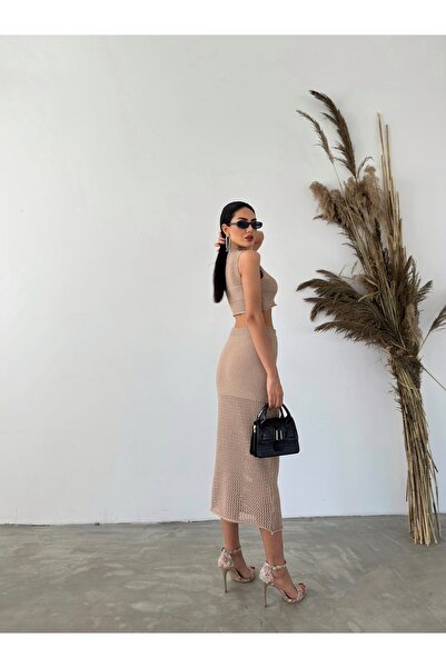 Lusin Women's Khaki Blouse Skirted Double Summer Knitwear Suit