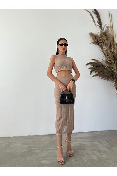 Lusin Women's Khaki Blouse Skirted Double Summer Knitwear Suit