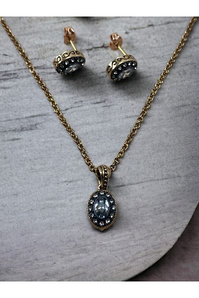 FAYRA ACCESSORIES Zircon Stone Oval Cut Necklace and Pin Earring Set