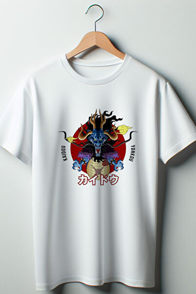 Vordevia Kaido Anime Štampano Oversize kroj okrugla kragna Bela majica