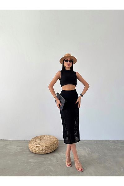 Lusin Black Knitwear Blouse and Skirt Set - Summer Set of Two