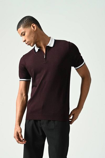 İLKCET MODA Πλεκτό T-Shirt Slim Fit - Λεπτομέρεια γιακά με φερμουάρ