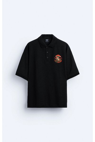 Darkia Tricou negru pentru bărbați, cu guler polo, cu imprimeu ciuperci