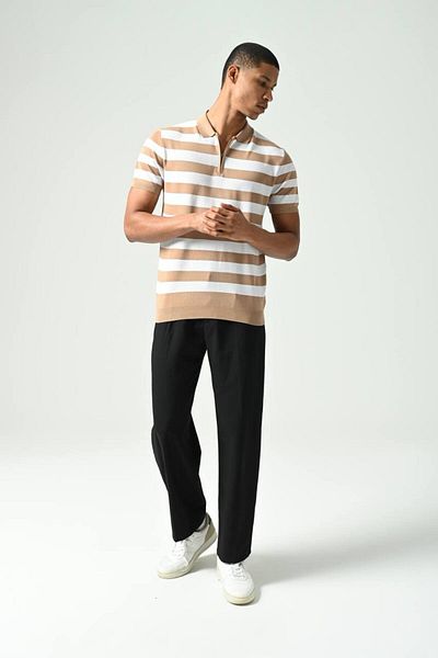 İLKCET MODA Ριγέ Slim Fit Knitwear T-Shirt - Γιακάς με φερμουάρ