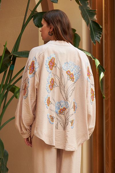 FEMELLE Jachetă kimono supradimensionată, de damă, bej, mărime standard, cu broderie de flori cu paiete