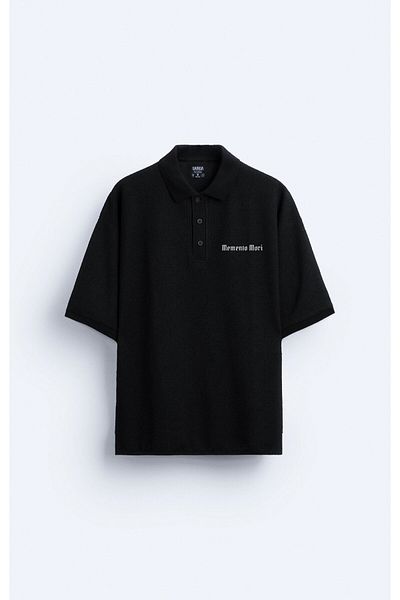 Darkia Memento Mori Printed Polo Collar Oversize Men's Black T-Shirt