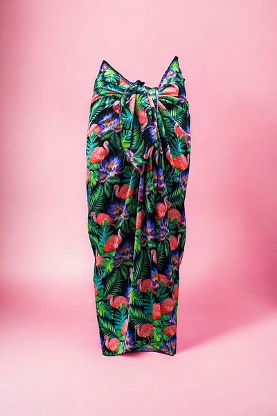 pistore Satin Women's Beach Dress - Monstera and Flamingo Print, Long Pareo, New Season