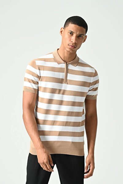 İLKCET MODA Ριγέ Slim Fit Knitwear T-Shirt - Γιακάς με φερμουάρ