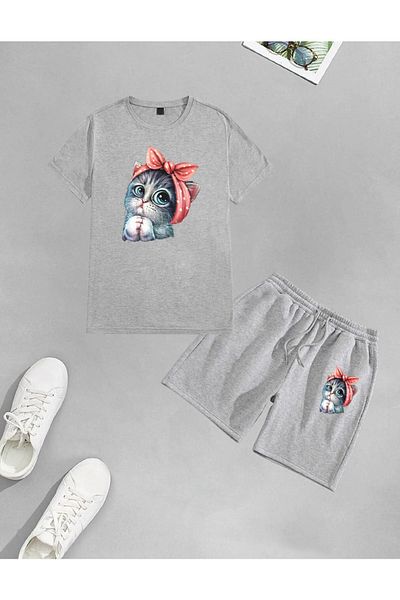 LOTS MODA Unisex Cute Little Cat Printed Shorts-T-Shirt Set Oversize