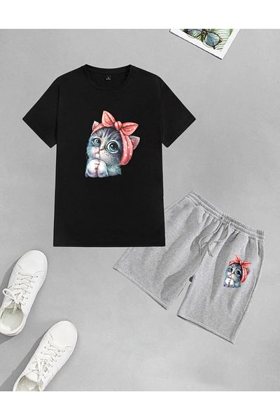 LOTS MODA Unisex Cute Little Cat εμπριμέ σορτς-σετ μπλουζάκι Oversize