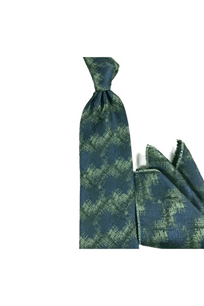 Sade Kravat Haki Yeşil Lacivert Özel Desenli Mendilli Kravat 28048 Haki Yeşil