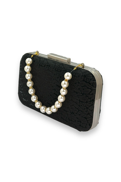 Biçanta Black Color Pearl Handle Laser Patterned Evening Bag Evening Bag Chain Strap Portfolio Clutch