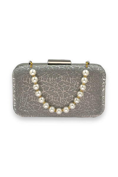 Biçanta Platinum Color Pearl Handle Laser Patterned Evening Bag Evening Bag C...