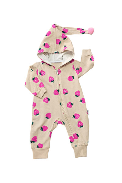 Murat Baby Çilek Baskılı Kukuleta Şapkalı Kapüşon Model Tulum