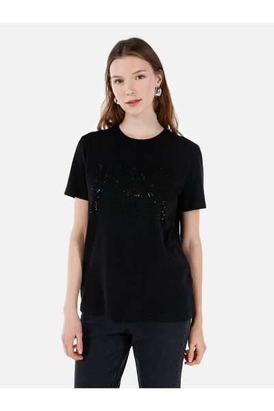 Colin's Regular Fit Crew Neck Printed Black Women's Short Sleeve T-Shirt Cl 1068433