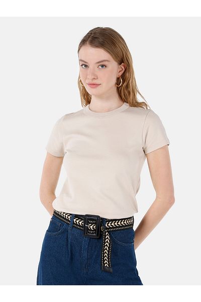 Colin's Tricou cu mânecă scurtă pentru femei, bej, cu decolteu, slim-fit Cl1068567