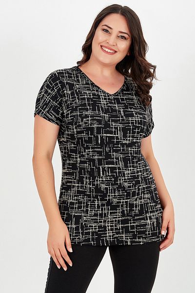 Curvy Trend Back Cross Short Sleeve Patterned Blouse