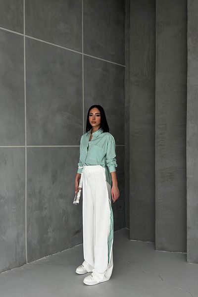 OUZ Fashion Women's Striped Poplin Shirt Side Garnished Trousers Set