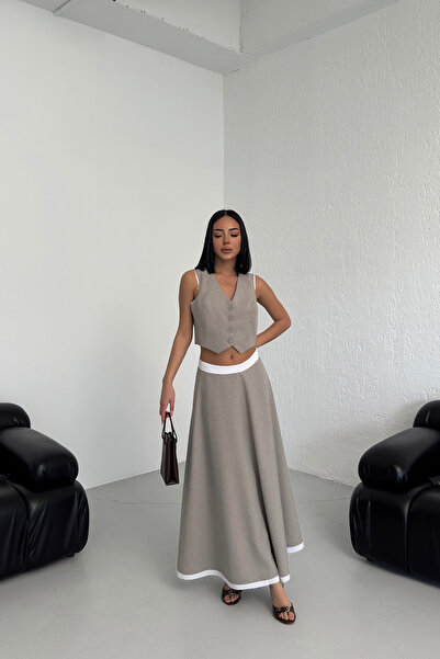 OUZ Fashion Women's Striped Garnished Bell Skirt Vest Set